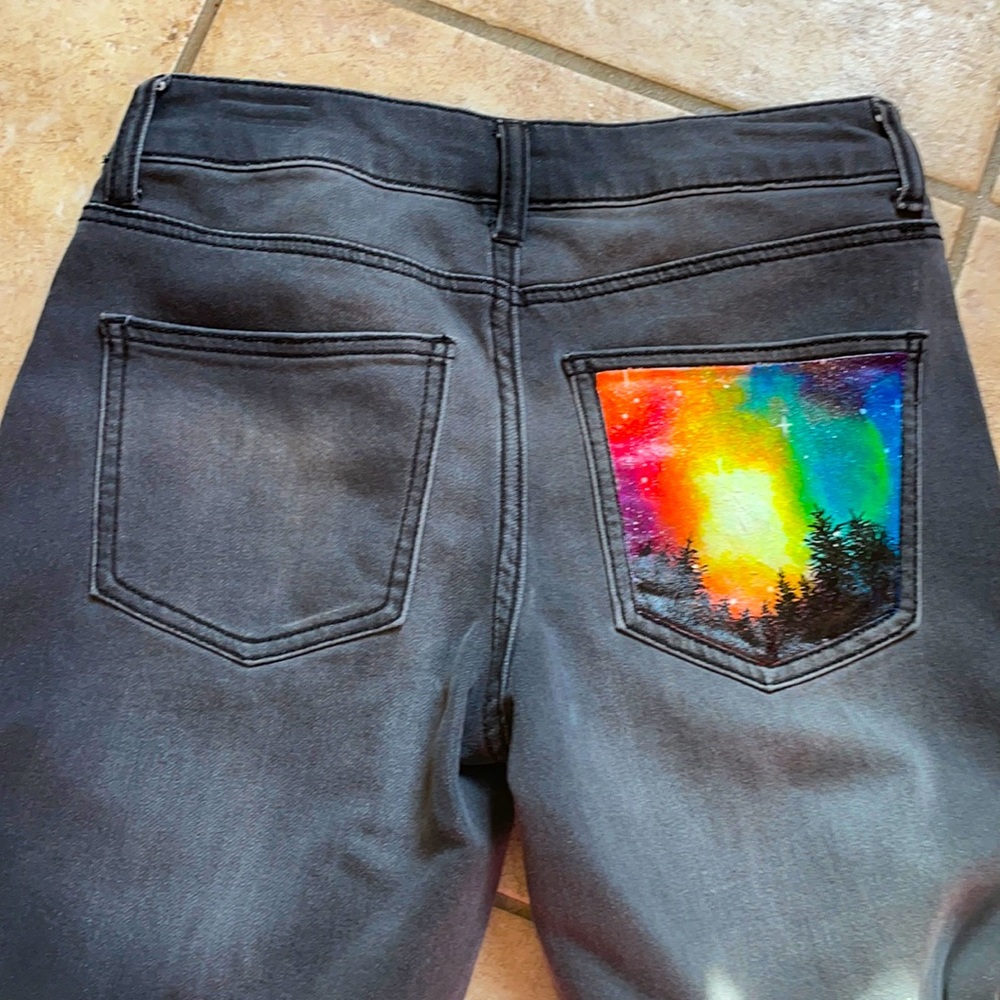 grey upcycled hand painted jeans